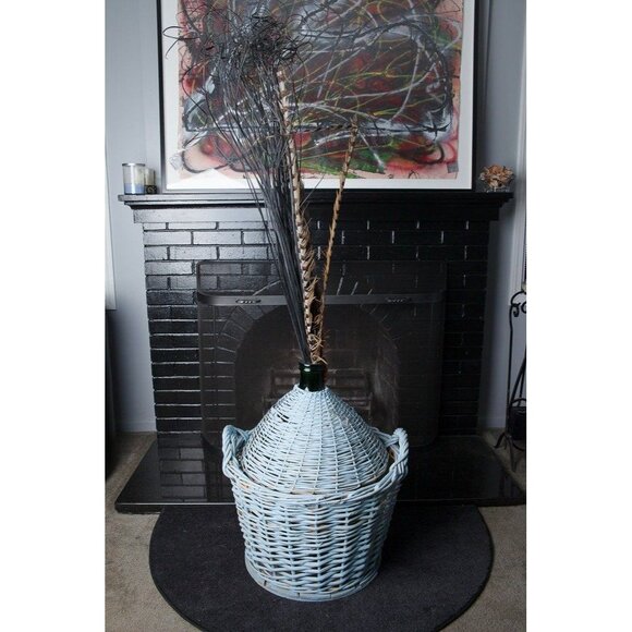 Vintage Carboy Demijohn Green Glass Wine Bottle In Blue Wicker Basket With Straw